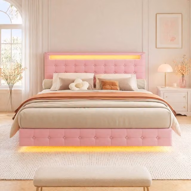 Letto 140x200 cm dal design sospeso con LED regolabili; testiera regolabile in 3 altezze; PU rosa
