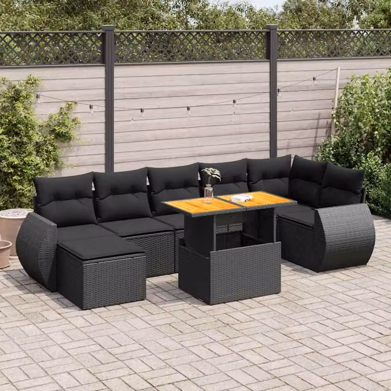 Set di divani da giardino vidaXL in rattan e legno di acacia oliato con 8 cuscini, colore nero
