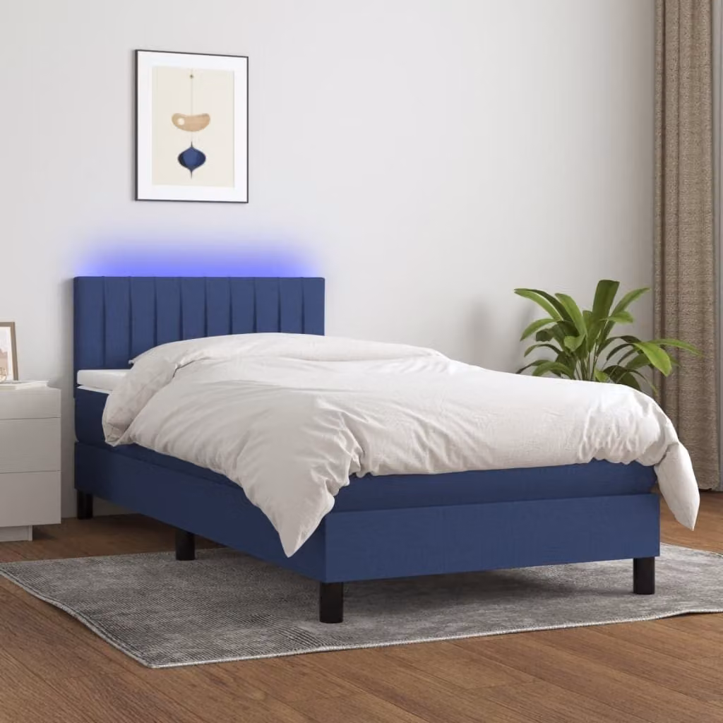 The Living Store Letto a molle con materasso e LED Blu 90x190 cm in tessuto