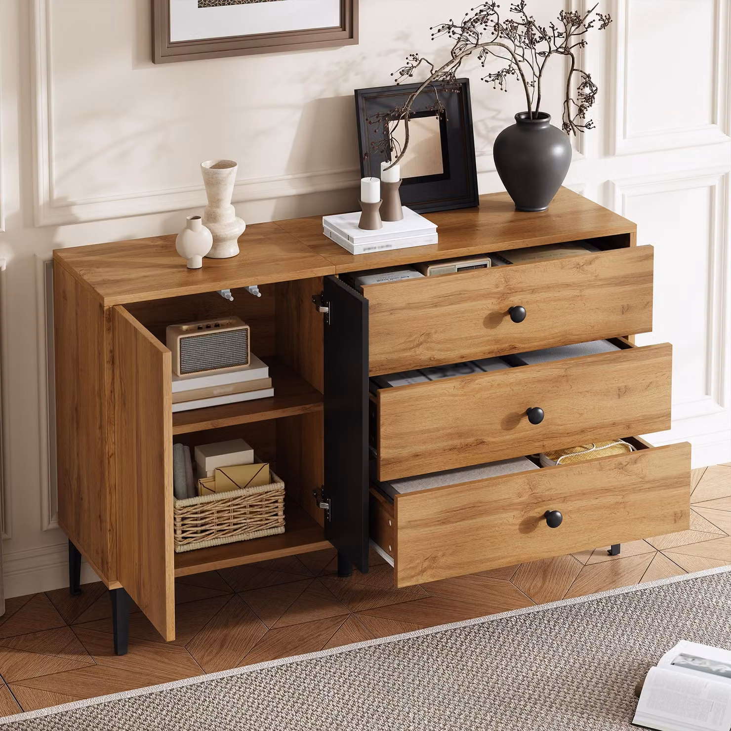 okwish credenza cassettiera con venature del legno e tre cassetti, con piedini in metallo nero, credenza per soggiorno con ripiano, naturale e nera