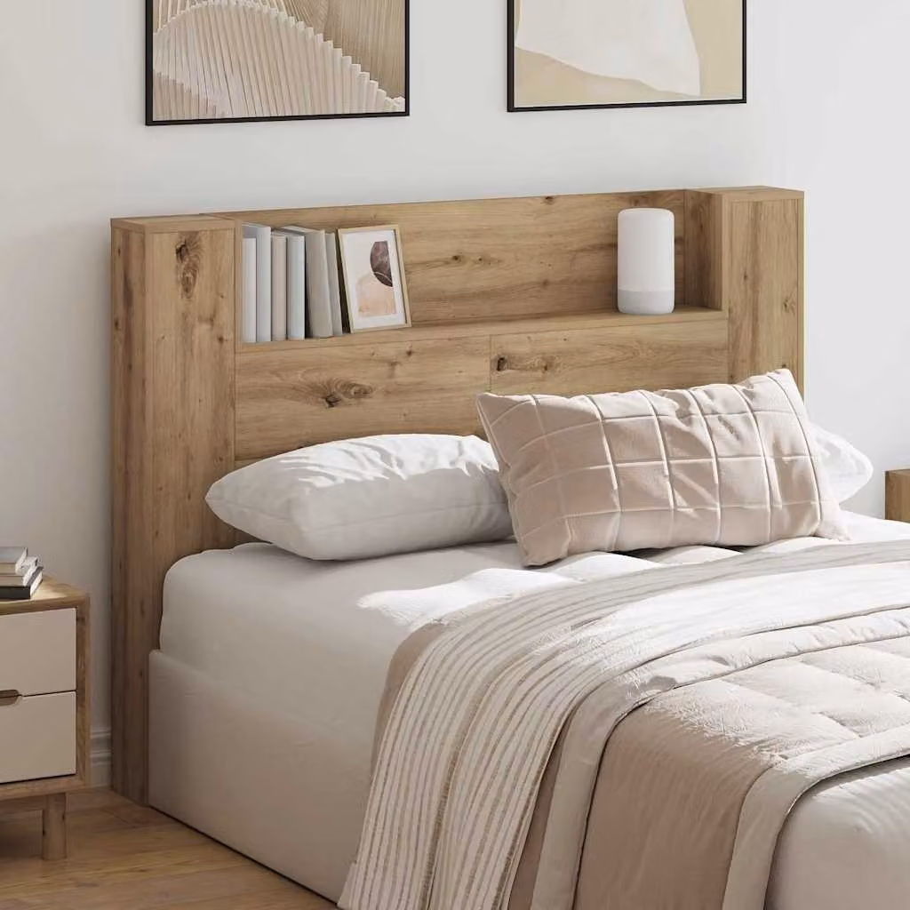 Testiera con stoccaggio vidaXL in Rovere Artigianale con LED, mensola integrata e porta USB, L: 140 cm, H: 104,5 cm, P: 17 cm