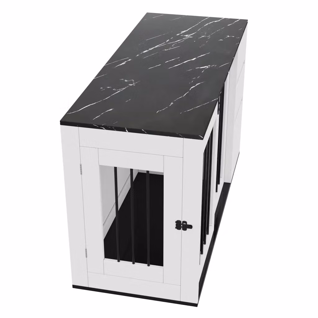 Tavolino da caffè Minimal 2 in 1 con box per cani, bianco effetto marmo e nero, L: 140 cm, P: 60 cm, H: 87 cm – 2
