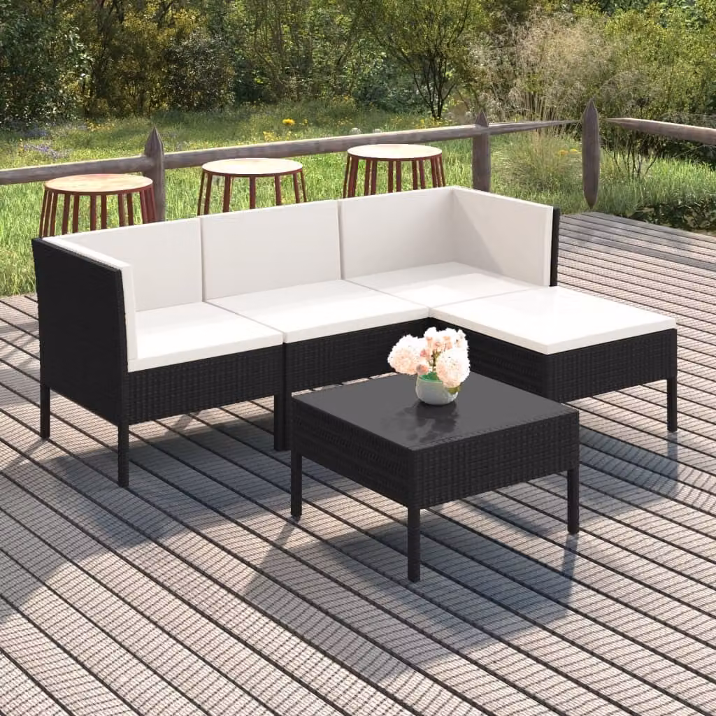 The Living Store Set da giardino 5 pezzi con cuscini in poly rattan nero
