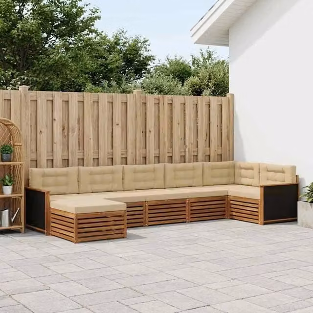 Set di divani da esterno a L vidaXL in legno di acacia con cuscini, colore beige e sabbia