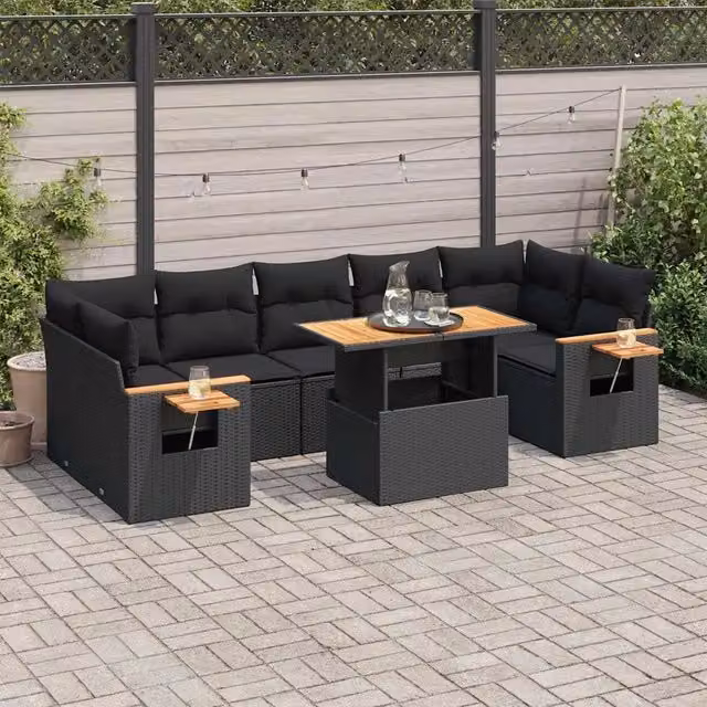 Set Divani da Giardino con Cuscini 8 pz Nero Polyrattan Acacia 3327569