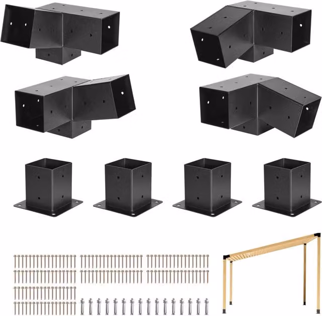 Kit per Pergola in acciaio al carbonio, 8 Pezzi Staffe Inclinate a 3 Vie 92 x 92 mm, Adatto per Travi da ca.1067 x 1067 mm con Accessori per Montaggio
