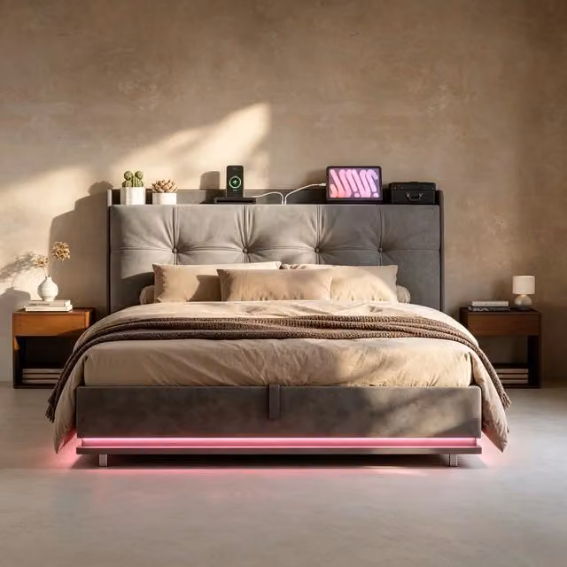 Letto imbottito 160×200 cm con contenitore idraulico; letto matrimoniale con luci LED e porta USB;10cm gepolstertes Kopfteil