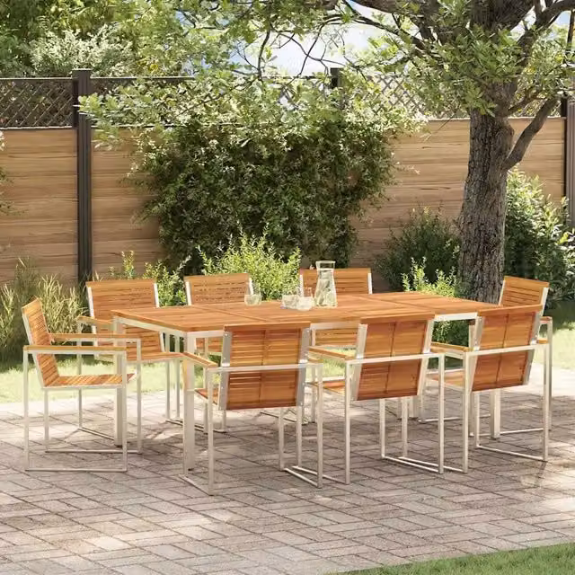 Set da pranzo per giardino e terrazzo vidaXL in legno di acacia e acciaio inossidabile, 9 pezzi, marrone e argento