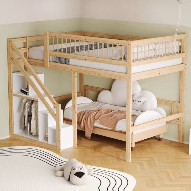Letto a soppalco 140 × 200 cm con scala contenitore e barriera alta, senza materasso, in legno naturale