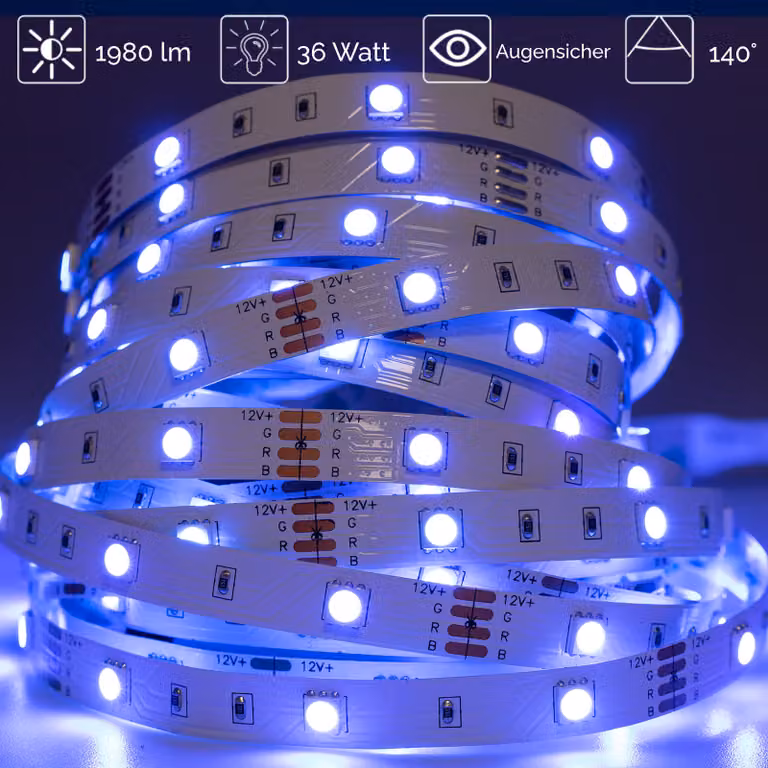 LUMILED Striscia LED 5M, 150 LED 12V RGB cambio colore 36W Striscia LED SMD Striscia LED IP33 1980 lm Striscia luminosa multicolore autoadesiva per uso interno decorazione casa cucina camera da letto, senza alimentatore