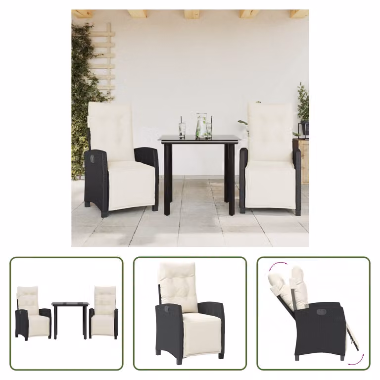 The Living Store Set da pranzo da giardino in 3 pezzi con cuscini in poly rattan nero