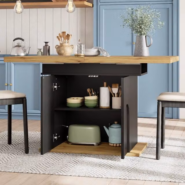 Tavolo allungabile da pranzo con vano contenitore in MDF nero e naturale per 2-6 persone 110-140 × 80 × 76 cm