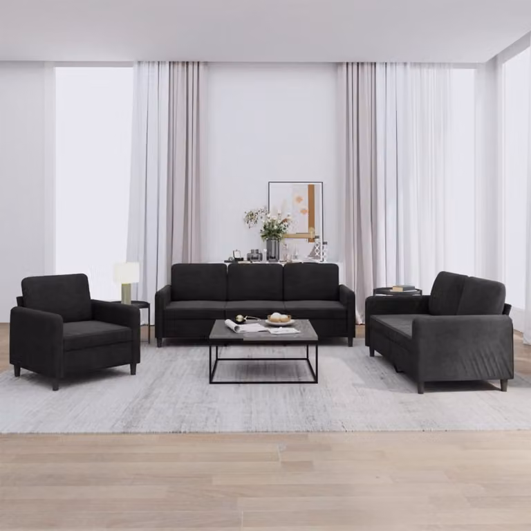 Set di divani 3 pezzi vidaXL in velluto nero per soggiorno moderno
