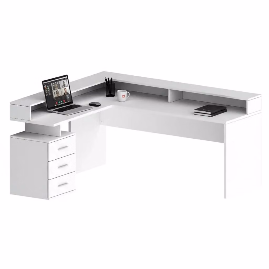 Scrivania angolare Leonilda DMORA, scrittoio moderno bianco con sopralzo per ufficio o casa, L: 180 cm, P: 90 cm, H: 160 cm – 2