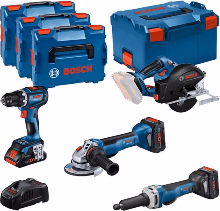 Kit combinato con 4 utensili da 18V: GSR, GWS, GKM, GGS, 3 x batteria ricaricabile