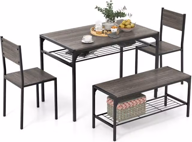 Set da pranzo 4 pezzi con telaio in metallo ripiano portaoggetti, Tavolo da pranzo con 2 sedie panca per 4 persone Grigio scuro