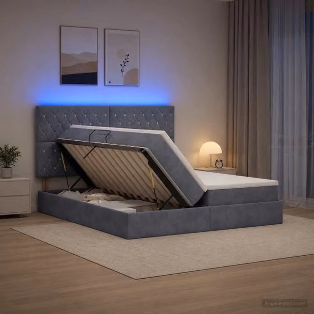 Letto con contenitore e materasso ibrido vidaXL in velluto grigio con illuminazione LED e porta USB L/P/H: 180 x 200 x 140 cm – 1