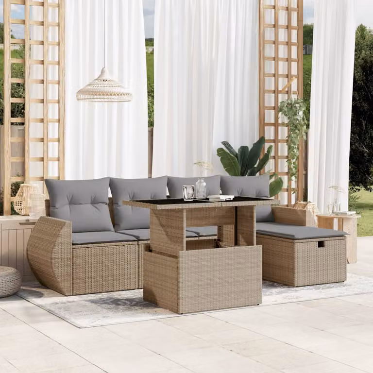 Set Divano da Giardino 6 pz vidaXL in Polyrattan con Cuscini Beige e Grigio per Terrazza e Giardino
