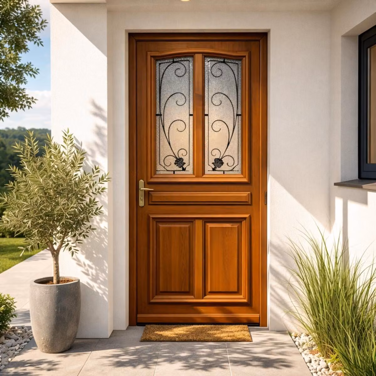 Porta d'ingresso in legno con vetro Mathis, H.200 x L.90 cm, lato con pannello dritto, maniglia, cilindro grande, ferramenta di alta qualitÃ