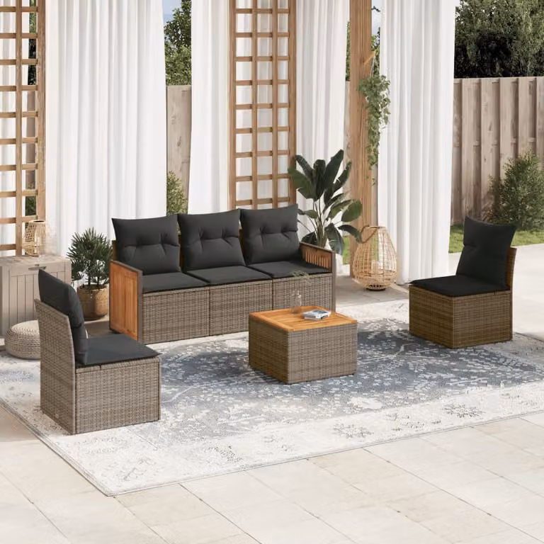 Set Divano da Giardino vidaXL 6 pz in Polyrattan Grigio con Cuscini e Tavolino