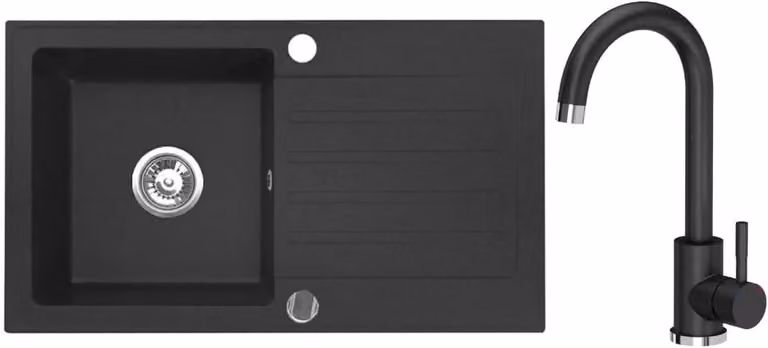 VBChome Lavello in granito 76 x 44 cm Nero con rubinetto Lavello da incasso a vasca singola Reversibile Speckled Lavello di facile manutenzione con sifone