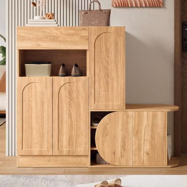 Scarpiera con panca; 5 ante; cassetto e vano aperto in MDF naturale con antiribaltamento 130 × 35 × 110;5 cm