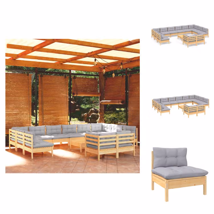 vidaXL Set di 13 pezzi per salotto da giardino con cuscini grigi in legno di pino - Set di mobili da giardino