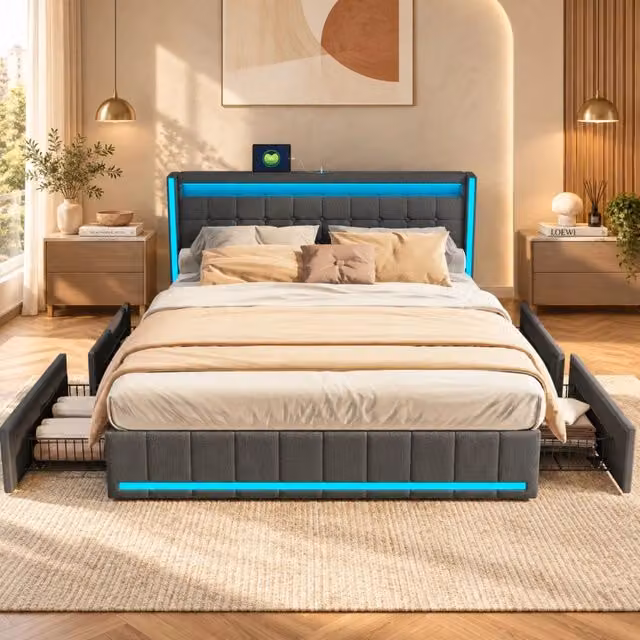Letto matrimoniale con Contenitore 140x200 cm;letto imbottito 140x200 con 4 cassetti; LED e USB; rete a doghe;Grigio scuro; Lino;Senza Materasso