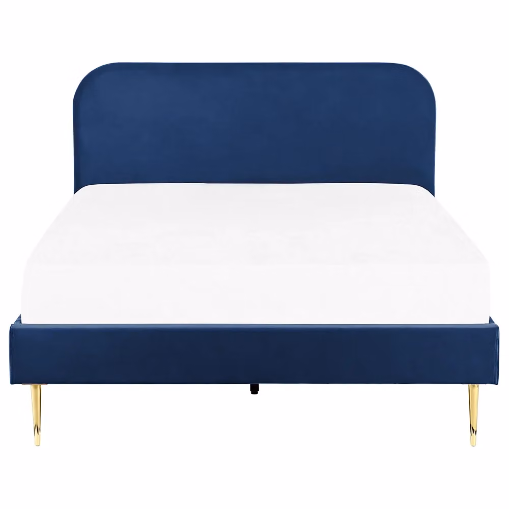 Letto matrimoniale Beliani in velluto blu con testiera imbottita e gambe in metallo, design minimalista, L/P/H: 140 x 200 cm – 2