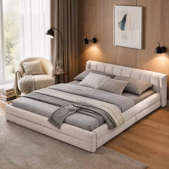 Letto Mivray rivestito in tessuto beige con struttura imbottita L: 160 cm, P: 200 cm