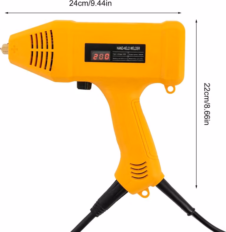 Saldatrice portatile a elettrodo – Alimentazione 220V, 3000W – Corrente regolabile da 20 a 200A – Display digitale LED – Spessore del materiale saldabile: 2–14 mm – Spina di tipo europeo – Colore: arancione
