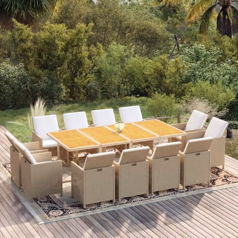 The Living Store Set da pranzo da giardino 13 pezzi con cuscini in poly rattan beige