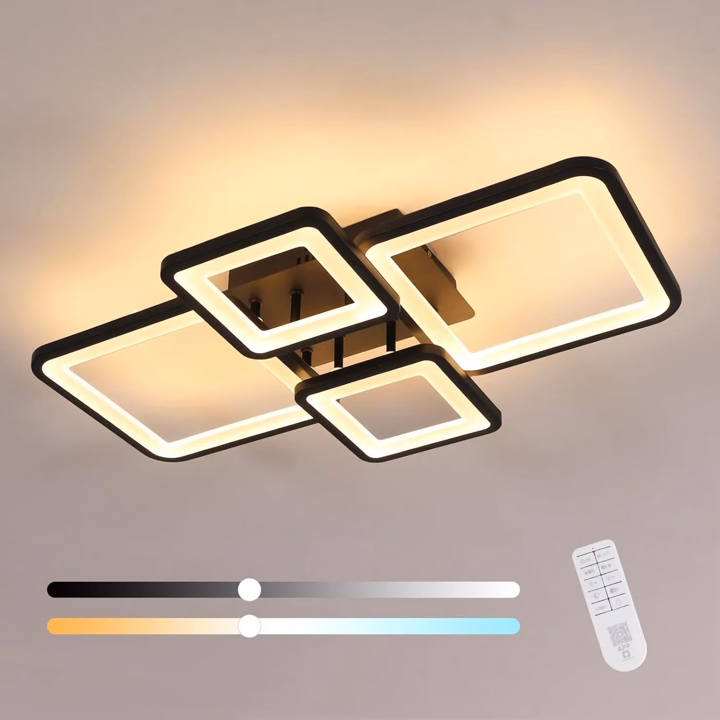 COMELY Lampada a soffitto LED rettangolare moderna, 54W, dimmerabile con telecomando, temperatura di colore regolabile da 3000K a 6500K, design geometrico ideale per soggiorno, camera da letto e cucina