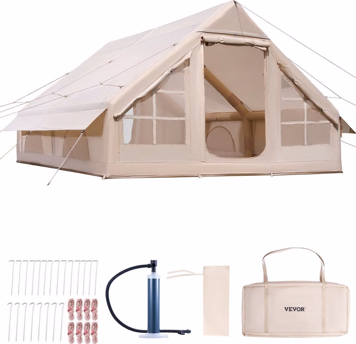 Tende gonfiabili per il campeggio 4x3x2 m, 5-8 persone, tenda glamping in Oxford 300D con attacco per il forno, pompa a mano 2 porte e 4 finestre a rete, inclusa borsa per un facile trasporto