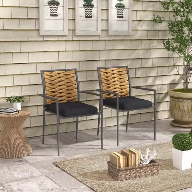 Sedie da giardino Minimal nere in polyrattan con cuscini, design moderno impilabile, L: 57 cm, P: 58 cm, H: 87 cm