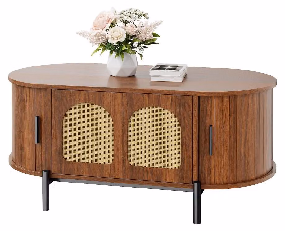 Tavolino ovale con spazio contenitore - Ante scorrevoli in rattan - Gambe in metallo - Impiallacciatura di noce + MDF - Assemblaggio richiesto