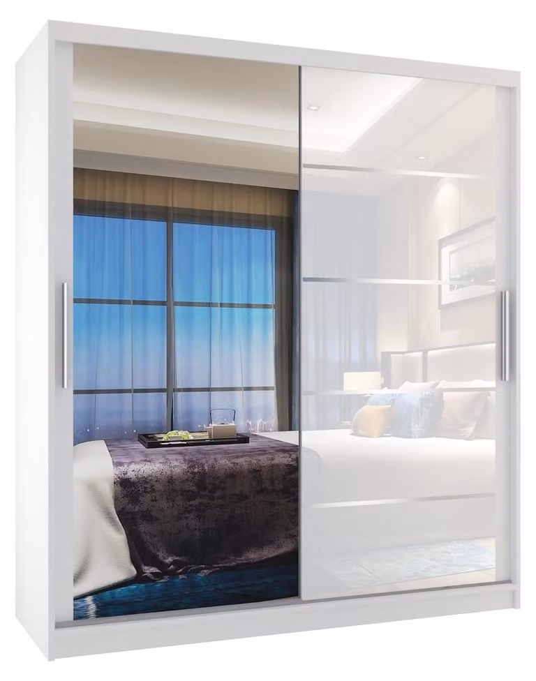 BELINI Verona, armadio scorrevole da 133 cm, bianco lucido - armadio con specchio e 2 cassetti, ideale per la camera da letto