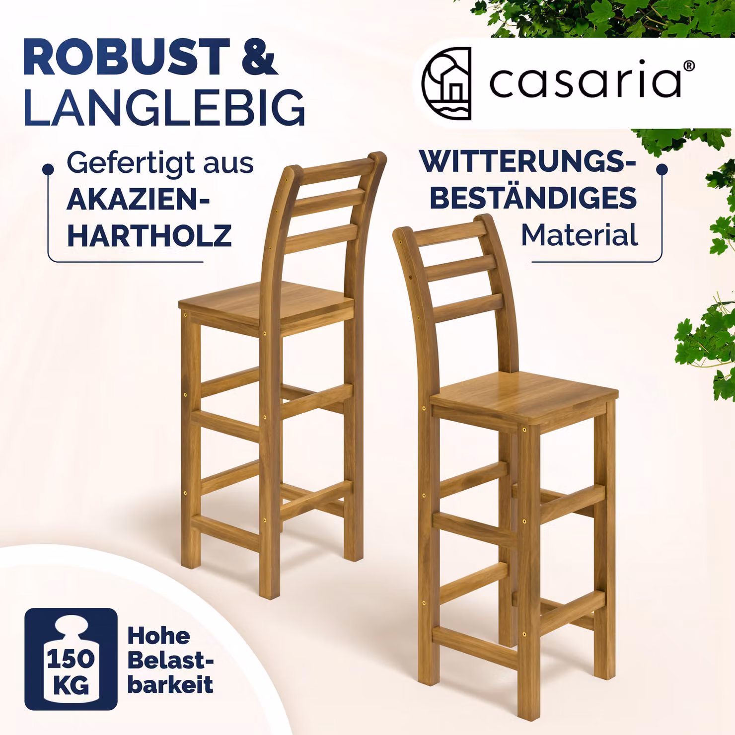 Set di 2 sgabelli da bar Casaria in legno di acacia color marrone con schienale L 40,5 cm x P 36 cm x H 110 cm – 2