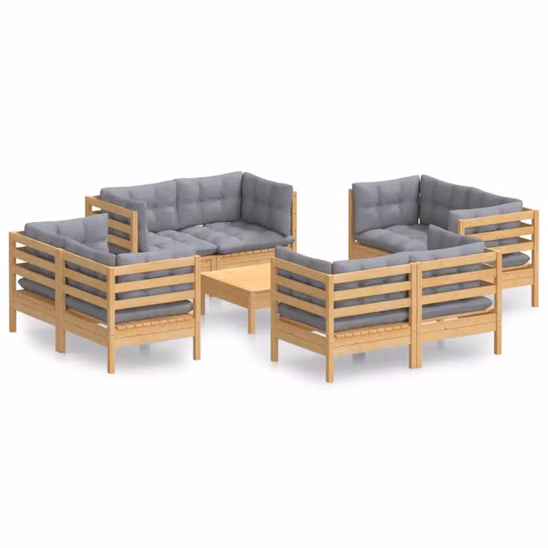 Set Divani da Giardino 9 pz con Cuscini Grigi Massello di Pino