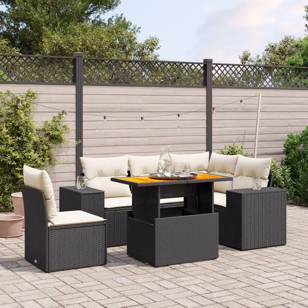 Set Divano da Giardino vidaXL 6 pz a L in Polyrattan Nero con Cuscini e Tavolino – 1