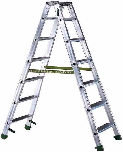 Scala a doppia salita Facal in alluminio verde e argento con 7 gradini