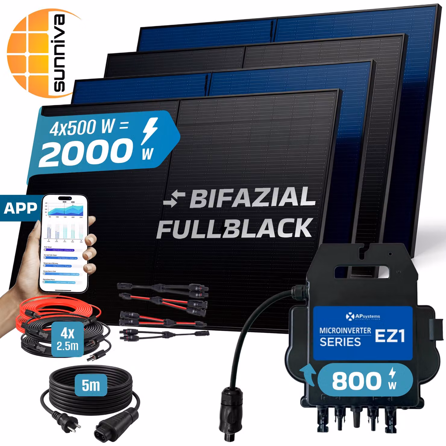 SUNNIVA® 2000W centrale elettrica da balcone BIFAZIAL FULLBLACK presa completa AP Systems EZ1-M 800W inverter, set completo 4x 500W sistema solare moduli solari