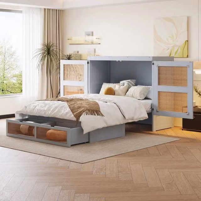 Letto a scomparsa verticale 140x200 con rete a doghe, ante effetto rattan e cassetti contenitore, grigio