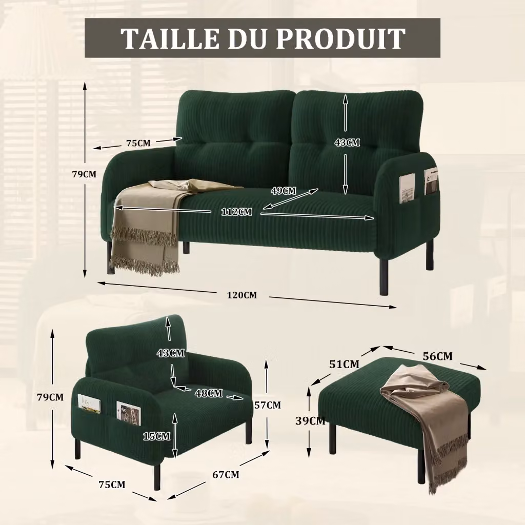 Set di arredamento moderno WISHDOR composto da divano a 2 posti, poltrona e pouf in tessuto a coste colore verde smeraldo – 2