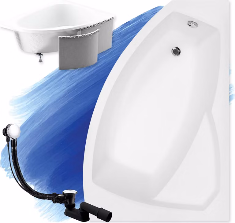 Vasca da bagno angolare 130x85 destra con rivestimento in polistirolo, scarico e piedini GRATIS | set completo 4in1 vasca da bagno originale in acrilico con sifone | BADLAND RIMA