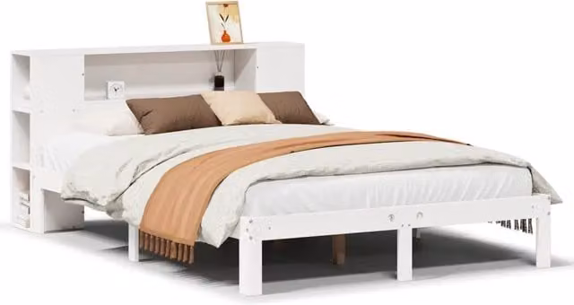 Letto libreria per adulti in legno di pino bianco laccato con ripiani laterali L: 141 cm, P: 82 cm, H: 24 cm – 1