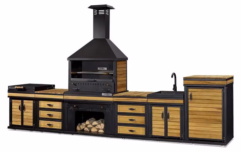 Elegante Außenküche in Schwarz aus Holz und Edelstahl