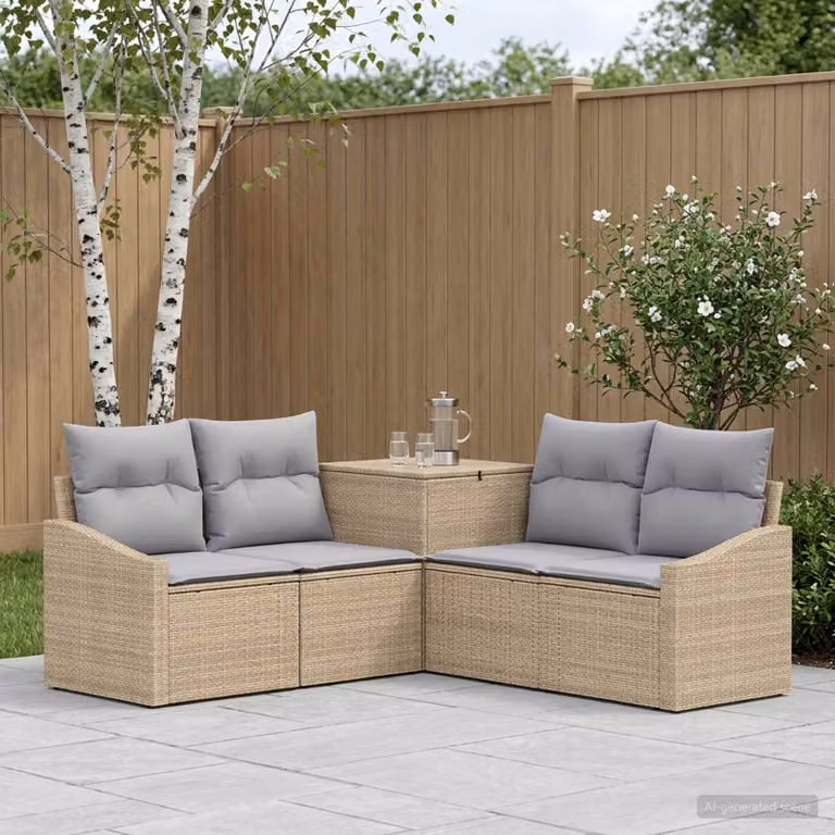 Set di divani da giardino vidaXL a forma di L in polyrattan con struttura in metallo, colore beige e grigio, composto da 5 pezzi con cuscini inclusi