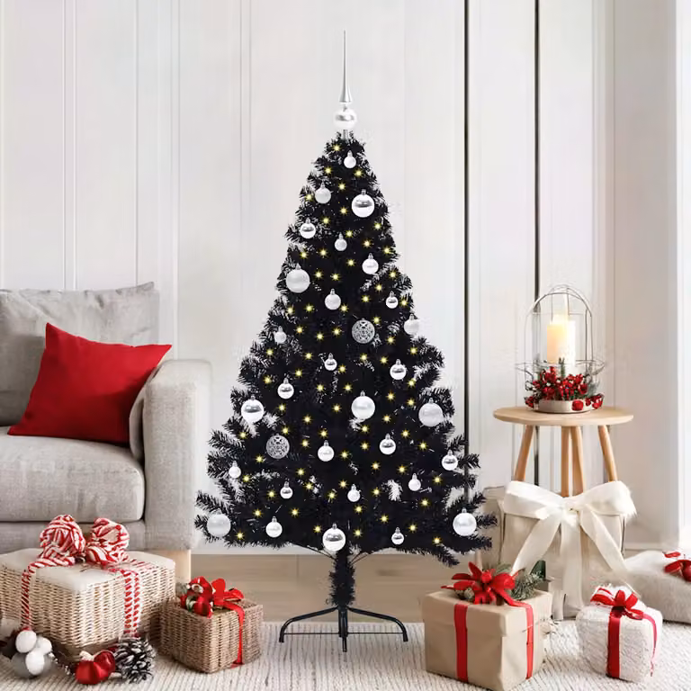 Albero di Natale artificiale moderno vidaXL con luci LED bianco caldo, colore nero, in PVC e metallo, Altezza: 150 cm