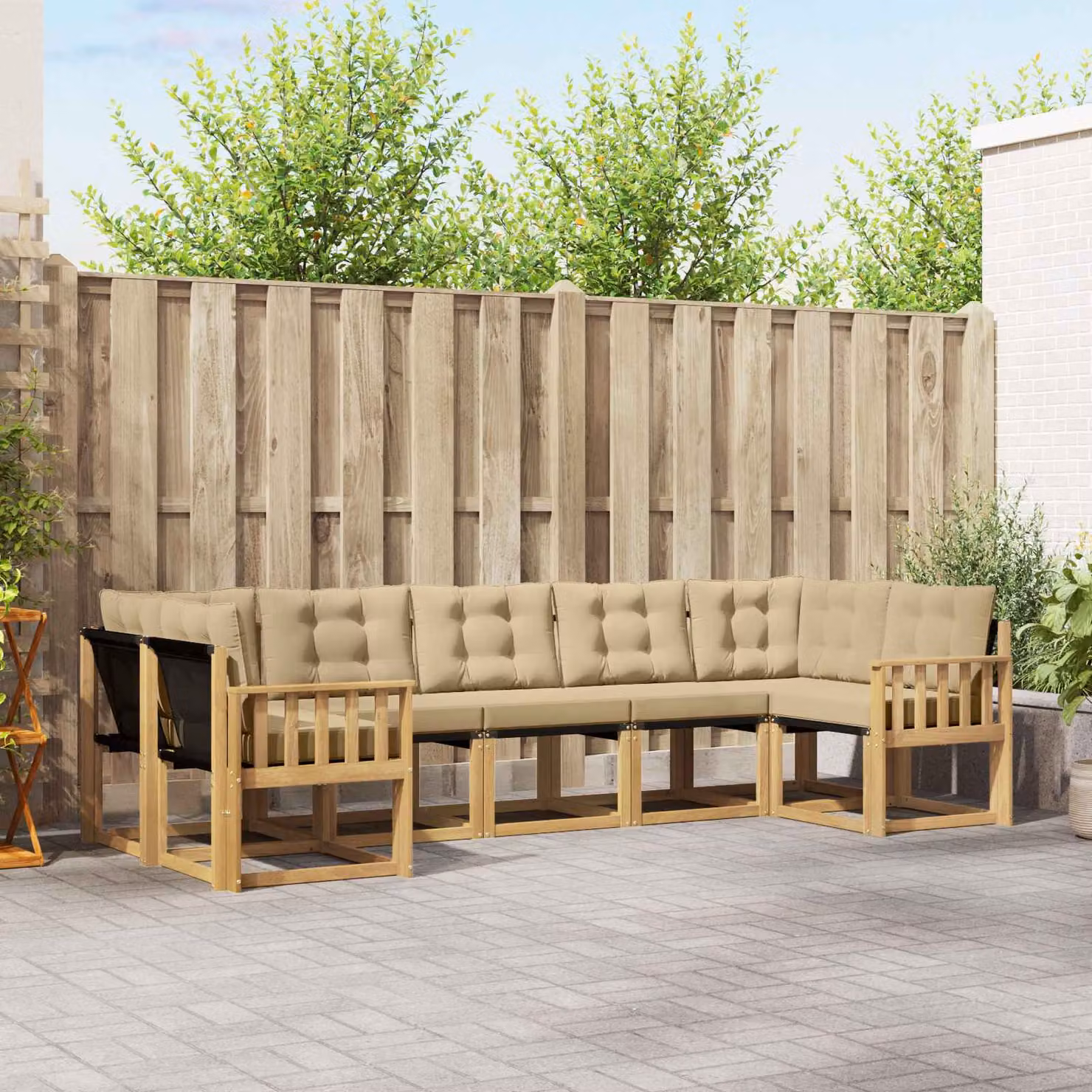 Set di divani da esterno vidaXL 7 pz in legno di acacia con cuscini bianchi e beige